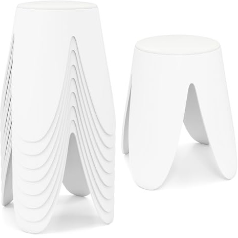 FANTASK Sitzhocker Set, 8er Set Stapelhocker mit Sitzkissen | Runde Hocker Ø39 x 46 cm für Klassenzimmer, Wohnzimmer und Esszimmer, Tragbare Sitzhocker, Weiß