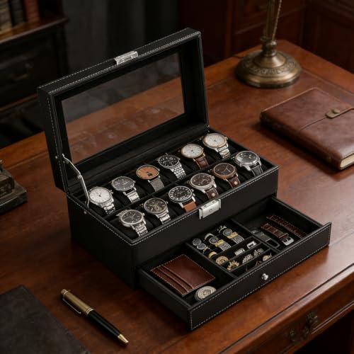 TOSUTO Uhrenbox,2-stöckige Uhrenkasten mit Glasdecke,mit Schublade Luxus-Uhrenkasten,Uhr Aufbewahrungsbox,Uhrenbox aus Leder mit 12 Fächern für Uhren,Ringe,Armbänder Geschenk für Freund,Vatertag