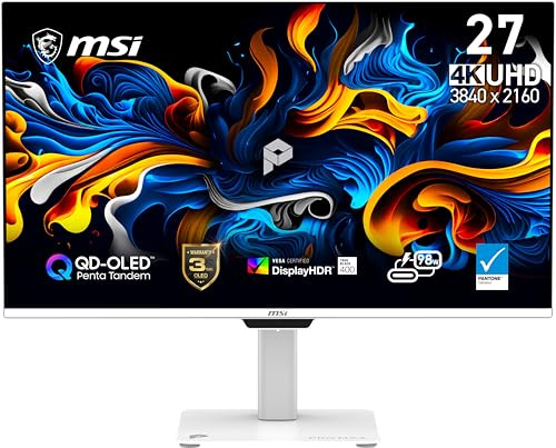 msi PRO MAX 271UPXW12G 27 inch 4K UHD QD-OLED (3840x2160) Hub Monitor,120Hz, DisplayHDR True Black 400, 98W PD, Dual USB-C,Mac Color Match,Brightness&Volume Control,Height Adjustable, Speakers, White