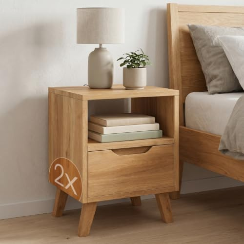 skølm Kólga Nachttisch 2er-Set, Eiche massiv, mit Schublade, Natur geölt | Nachtschrank 40x40x55 cm, hochwertige Nachtkommode aus Holz, robust & stabil, Bedside Table für Schlafzimmer, Ablagefach