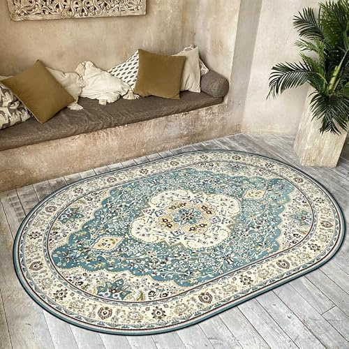 Chanxiang666 Designer Teppich Oval Modern Kurzflor für Dekoration Wohnzimmer, Schlafzimmer, Carpet Room Decor, Retro-Blumenmuster in Beige und Cyan Oval 100x170cm