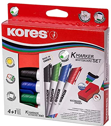 Kores - K-Marker XW2: Bunte Whiteboard Marker mit Keilspitze, trocken abwischbar und nahezu geruchslose Tinte, Schul- und Bürobedarf, Set aus 4 Sortierten Farben + 1 Magnetischen Löschschwamm