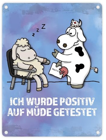 Metallschild mit Schaf und Kuh Motiv und Spruch: Positiv auf Müde getestet