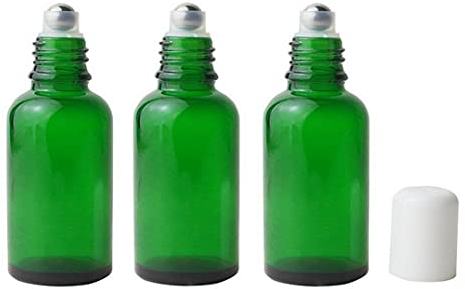 VASANA Lot de 3 flacons vides rechargeables en verre vert 50 ml pour huiles essentielles, échantillons de cosmétiques, pots d'emballage avec boule en métal et bouchon blanc pour huiles essentielles