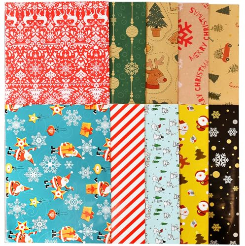 Christmas Wrapping Paper - 10 Sheets, 70x50cm Each - Rustic Santa Claus, Snowman, Moose, Snowflakes, Trees, Candy Canes, Red Stripes, Polka Dots