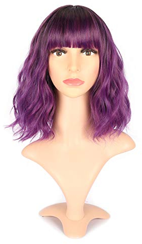 VCKOVCKO Ombre Color Natürliche gewellte Bob Perücke mit Pony Kurze Bob Perücken Damen schulterlange Perücken Schwarz bis Lila Curly Wavy Synthetic Cosplay (12,Schwarz bis Lila)