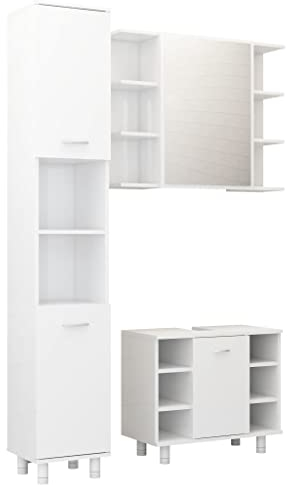 vidaXL Badmöbel Set 3-TLG. Waschbeckenunterschrank Unterschrank Spiegelschrank Hochschrank Schrank Badezimmerschrank Badschrank Hochglanz-Weiß Holzwerkstoff