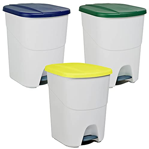 Denox PK3328 Pack Reciclaje Pedalbin Ecológico 40 litros c/u: 120 litros totales, en 3 contenedores, en Colores Azul/Verde/Amarillo