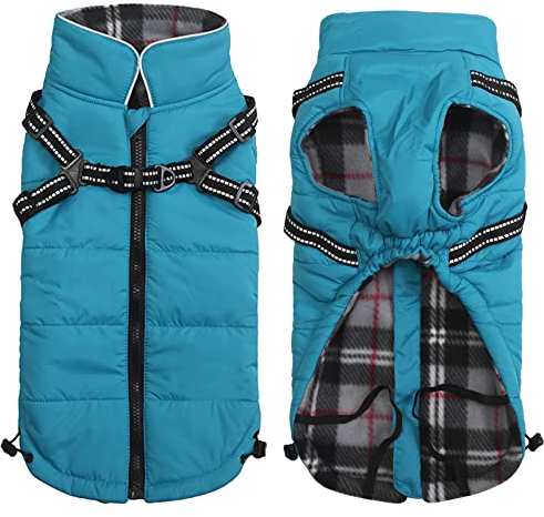 Pethiy -Super Warm Hunde wintermäntel mit Geschirr, Hundejacke mit Innenfleece, wasserdichte Kleine Hundemantel Winterweste Hundepullover mit Brust Gurt fur Haustier -Blau-XL