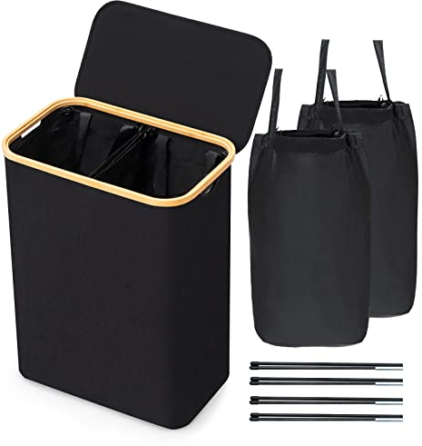 BRIAN & DANY 123L Wäschekorb mit deckel, Zwei Fächer Wäschebox Faltbar Wäschesammler Wäschetruhe Wäschetonne, Schwarz