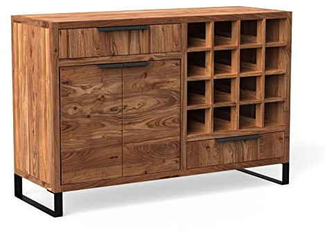 Woodkings Sydney Sideboard Wohnzimmer | Akazie Holz Massiv | 126 x 84 x 45 cm | Rustikale Kommode mit Schubladen & Flaschenfach | Anrichte Holzkommode