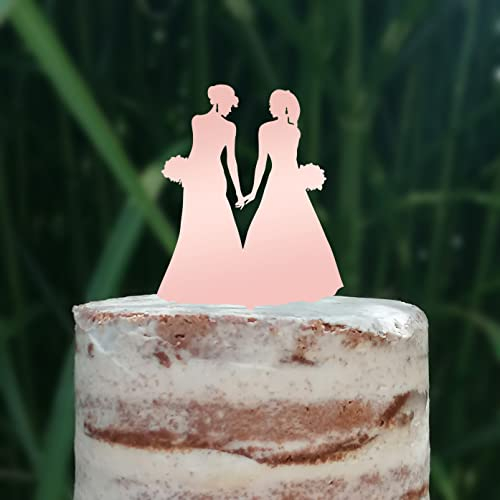 Cake Topper (Frauenpaar), Mrs & Mrs, Hochzeit, Verlobung, Trauung, Acryl/Holz, Tortenstecker, Tortenfigur, Tortendeko, Hochzeitstorte, Frau und Frau, Gay, Lesbisch, Cake Board (Rose-Gold)