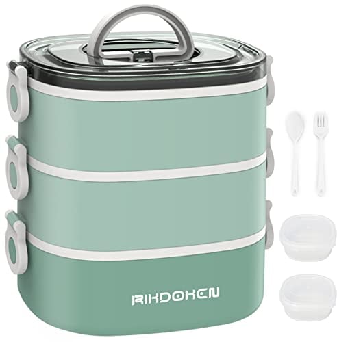 RIKDOKEN Lunchbox, stapelbar, 3-lagige Behälter, tragbar, 2,7 l, großes Fassungsvermögen, auslaufsicher, Bento-Box mit Löffel, Gabel und Soßenboxen, mikrowellengeeignet, für Kinder und Erwachsene