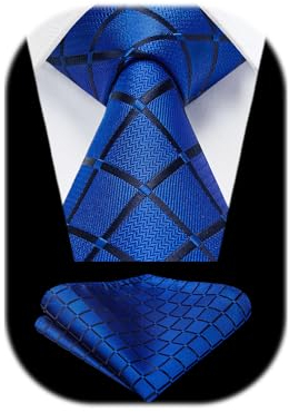 HISDERN Krawatten Herren Königsblau Formelle Klassische Karierte Krawatte mit Einstecktuch Hochzeit Herrenkrawatte und Taschentuch Set für Männer