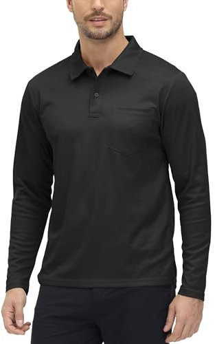 Rdruko Men's Smart Long Sleeve Polo Shirt with Pocket Breathable Wicking Quick Dry Casual Work Golf Tops Black S