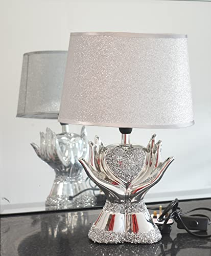 DEENZ Silver Glitter Crushed Diamond Table with Lamp Shade Ornament Home Gift Diamante Heart with Hands