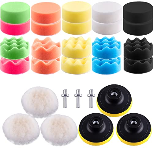 SIQUK Car Poloshing Pads for Drill 29 Pieces Buffer Polishing Pads Kit 3 Inch Foam Polish Pads Drill Attachment with M10 Drills for Cordless Screwdrivers and Polishing Machines
