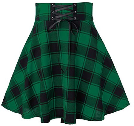 Damen Beiläufig Elastische Taille A Linie Mini Rock Kariert Basic Uniform Skater Faltenrock Knielänge Karneval Kostüm Fasching Party Kleid