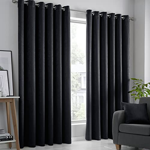 Fusion - Black Curtains W66 x L90 (168 x 229cm) - 2x Panels - Eyelet Curtains in Black - Thermal Curtains for Bedroom/Living Room - Black Curtains & Drapes - Black Door Curtains - Strata Collection