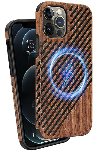 ZZDZZ Magnetisch Hülle Kompatibel mit iPhone 12 Pro Max Hülle Holz und Leder Design Handyhülle Stoßfest Schutzhülle