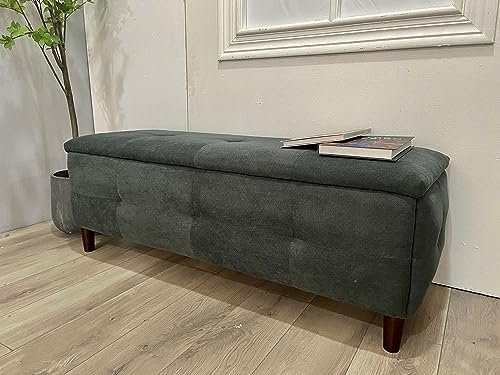 Panana Padded Toy Box Storage Bench Ottoman Foot Stool,Upholstered Ottoman Pouffe Stool Change Shoe Footrest Wooden Legs, Grey Linen Fabric