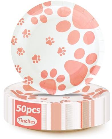 ATAMOW 50pcs Pink Paw Paper Plates, 7 In Disposable Pink Dog Paw Plates, Perfect for Birthday Parties, Animal Themed Parties