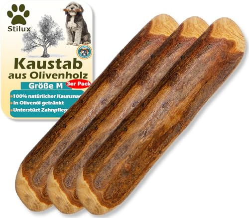 Stilux® Lot de 3 Bâtons à mâcher en Bois d'olivier pour Chiens,Taille M, Jouet d'occupation pour Chien jusqu'à 20Kg, Friandise Os en Bois 100% Naturel et Durable