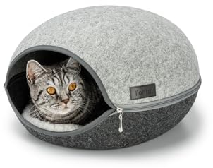 lionto Maison pour Chats en Feutre Robuste, Niche Douillette avec Fermeture éclair pour Chats, 46x38x24 cm, lit pour Chats Confortable et Moderne avec Coussin Doux et Lavable, Gris