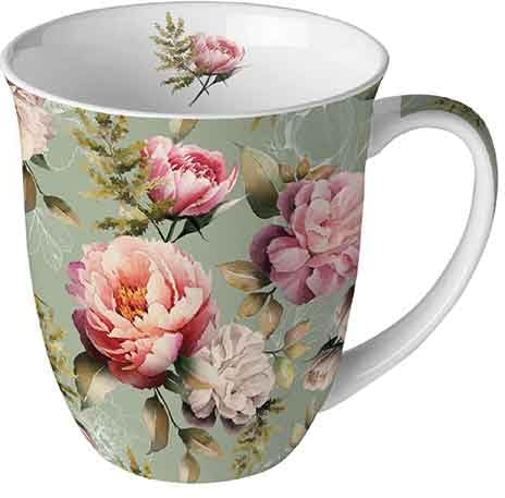 Ambiente Tasse en porcelaine d'environ 400 ml Gobelet en porcelaine fine pour thé ou café Floral Pâques printemps pivoines composition verte