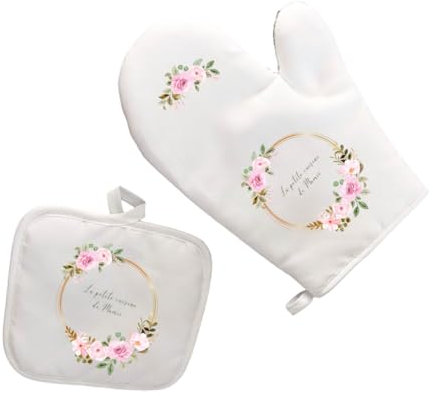 Gant et Manique Personnalisés La Petite Cuisine de Mamie – Couronne de Fleurs Élégante – Cadeau Fête des Grands-Mères – Inscription avec Prénom des Petits-Enfants