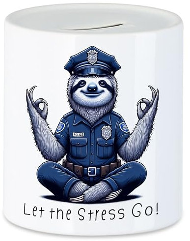 Hey!Print Let The Stress go Faultier Polizist Spardose - Work Life Balance Polizei