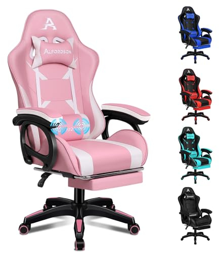 ALFORDSON Bürostuhl, Schreibtischstuhl mit Massage-Lendenkissen, ergonomischer Computerstuhl mit neigbarer Rückenlehne, Drehstuhl mit Fußstütze, höhenverstellbar, Rosa