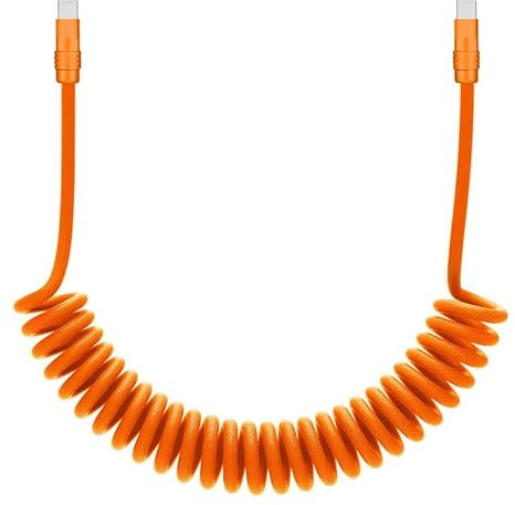 chubbycable Curly Chubby Retractable Fast Charging Cable 120W Coiled Charger Cord for Car Durable USB C Cable Compatible with iPhone 17-15 Series, Orange+Orange, Type-C to Type-C, 1.3FT-2.3FT