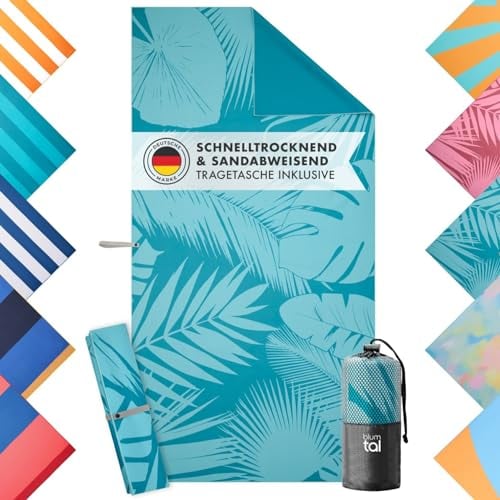 Blumtal Strandtuch XXL aus Mikrofaser - kompaktes und schnelltrocknendes Handtuch/Strandhandtuch 90x180 - Stranddecke sandfrei mit Band - Badetücher schnelltrocknend mit türkisem Palmen-Motiv