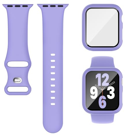 3-IN-1 Compatibile con Apple Watch Cinturino con Custodia e Protezione Schermo 45 mm, Morbido Silicone Sport Band + Cassa Con Vetro Compatibile con iWatch Series SE 9 8 7 6 5 4 Donna Uomo Viola