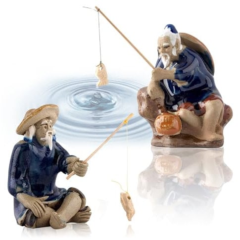 HESUSUSI Harz Figuren Angeln 2 Stück Angler Figur Klein Miniatur Fischer Statue Angeln Alter Mann Figur Alten Mann Garten Statue für Aquarium Micro Landschaft Bonsai Fee Garten Dekorationen