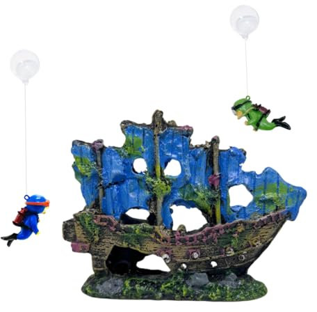 khanoqq Aquarium-Schiffswrack-Dekoration mit 2 schwimmenden Tauchern, versunkenes Schiff, kleines Fische, Garnelenversteck Spielplatz, Ornament, Höhlen (blau)