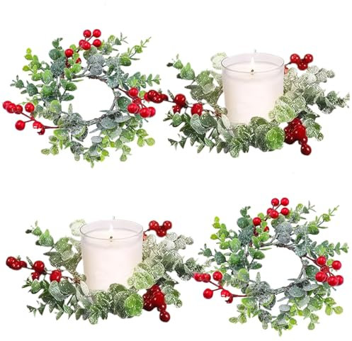 CAKEEYUM 4PCS -Kerzenringe Kränze mit roter Beere 7.87 LIFELISCHE Weihnachtskerze -Ringe Künstliche Kerzenringe für Weihnachtstür Fenster Wanddekoration Kranzhalter Weihnachtskerze Ringec