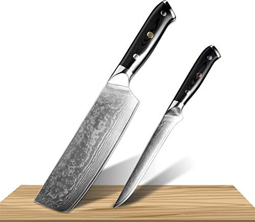 Xituo Damaskus Chefmesser Damaskus Stahl Japan Sankotu Cleaver Messer Schneiden Fleisch Dienstprogramm Kiritsuke Obst Küchenmesser Kochen Werkzeug(2PCS Set)