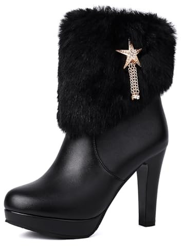 BAISOILIHA Donne Christmas Stivali Inverno Pelle Lined Faux Pelle sintetica Polacchine Platform Stivali Corti Moda High Heel Stivaletti per donne Le signore Ragazze nero Numero 33
