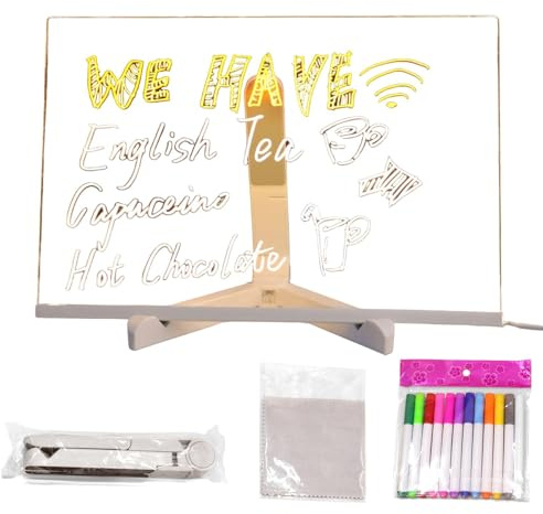 LED-Notiztafel, Acryltafel, löschbar, LED, Acryl, mit Ständer, Stift mit 12 Farben, leuchtende Notizen, für Geschäft, Café, Bar, Schule