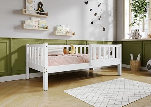 TIMBEE Lena - Kinderbett Holz - Etagenbett aus Kiefernholz mit Geländer - Sichere ungiftige Farben - Solide Konstruktion Naturholz - Langlebig und elegant - Weiß - 90x180cm - 23cm Lange Beine