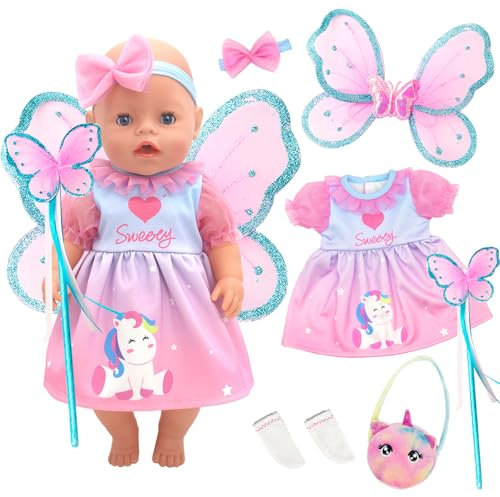 Flügel Puppentuch Kleidung Outfits für 12-18 Zoll Baby Puppen, 6 Baby Puppe Kleidung mit Schmetterlingsflügel Fairy Stick KopfbandTasche Socken für 30-45 cm Neu Baby Puppe