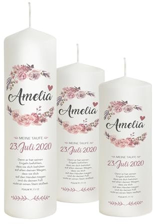 Liamoria® Taufkerze Mädchen mit Name und Datum mit Blumen in Rosa 25 cm - Modell Amelia - Personalisierte Kerze zur Taufe (mit 2 Patenkerzen)