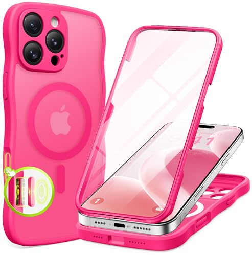 BERFY for iPhone 16 Pro Max Case for Women Girls, [Compatible with MagSafe][Built-in Glass Screen Protector and Camera Protection] Cute Wave Matte Full Body Phone Case for iPhone 16 Pro Max, Hot Pink