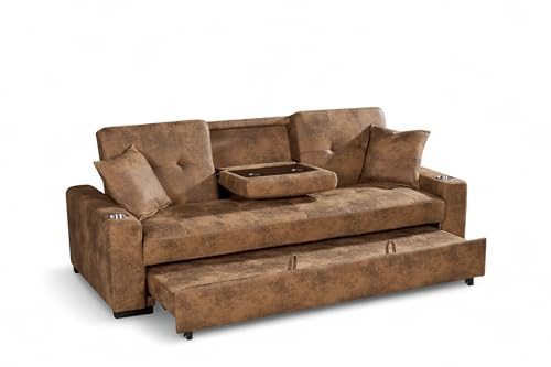 3 Seater Pull Out Sofa Bed Double with Cup Holders CHARLES - Faux Leather Click Clack Sofa Bed for Adults in Durable Fabric with Drop Table and Accent Pillows, 184 x 160 Sleeping Area