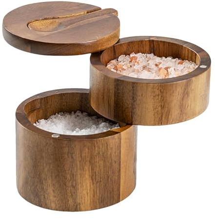 Salero de madera, recipiente para sal marina con cuchara integrada, caja de doble capa, para sal y pimienta, recipiente para salero y sal, recipiente para sal de cocina para especias