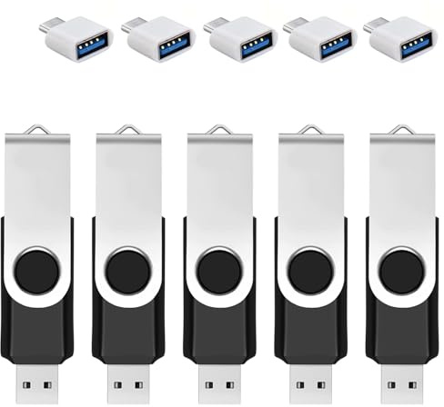 Lot de 5 clés USB 128 Go avec Adaptateur de Type C et boîte de Stockage, clé USB 2.0, clé mémoire rotative à 360° pour téléphone Portable, Tablette, PC, Ordinateur Portable, Android, Noir (5 Paquets