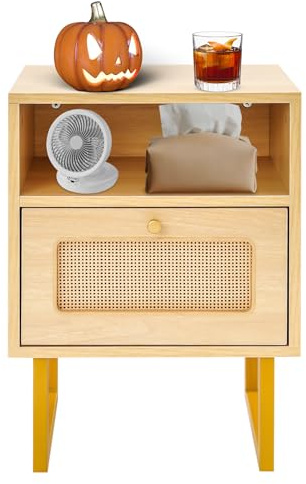 NoneDanGee Nachttisch Rattan, Nachtschrank, Kommode Beistelltisch mit Schubladen, Sideboard Wohnzimmer, Nachtkommode, Boho Nachttisch für Wohnzimmer, Schlafzimmer (Holzfarbe)