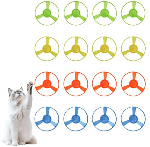 Andiker Cat Fetch Toy, Interactive Kitten Flying Disc Launcher Toy with 5 Colorful Flying Propellers for Cat Enrichment, Flying Saucer Toy for Cats for Training and Chasing (16 pcs)